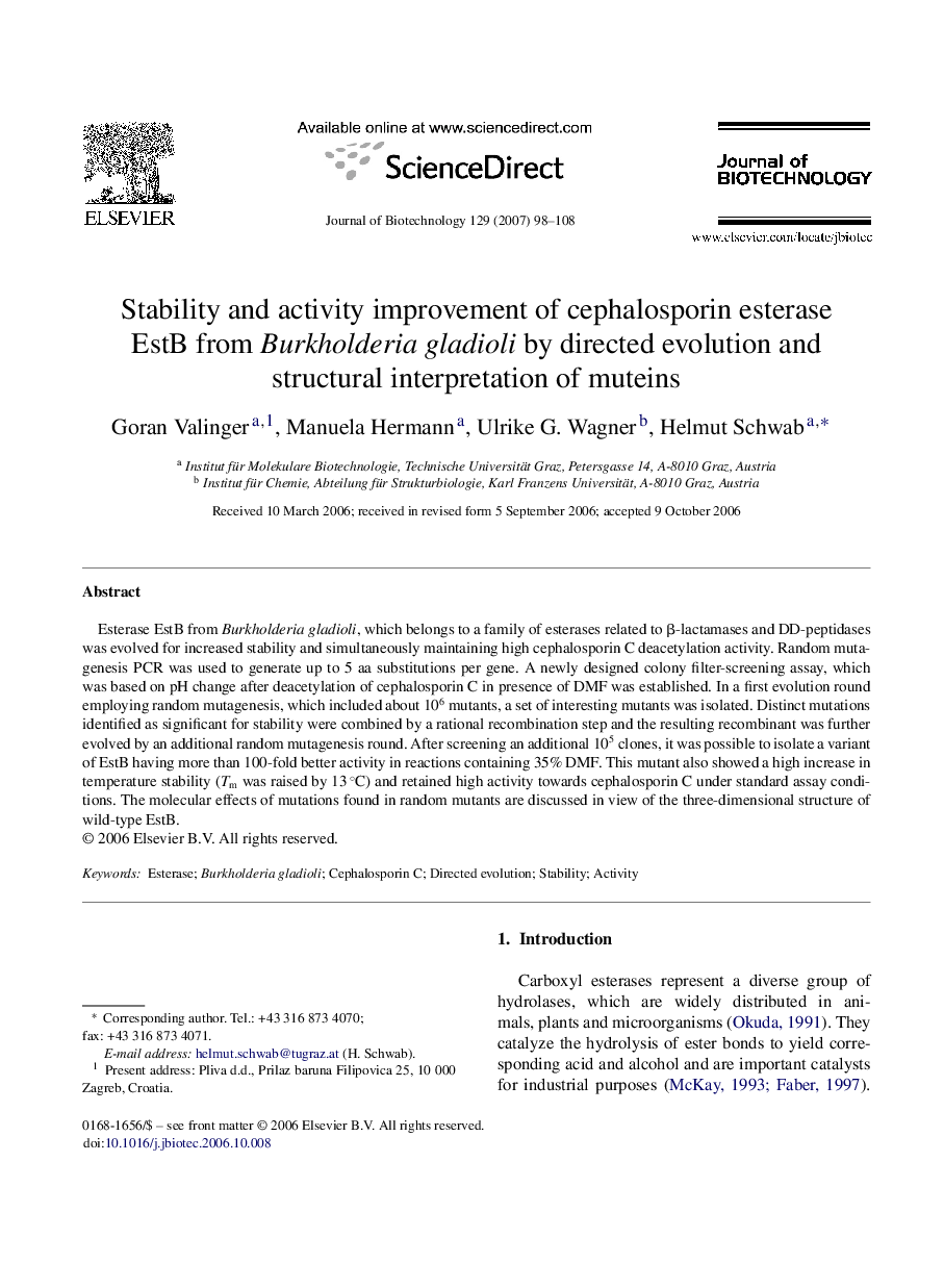 Stability and activity improvement of cephalosporin esterase EstB from Burkholderia gladioli by directed evolution and structural interpretation of muteins