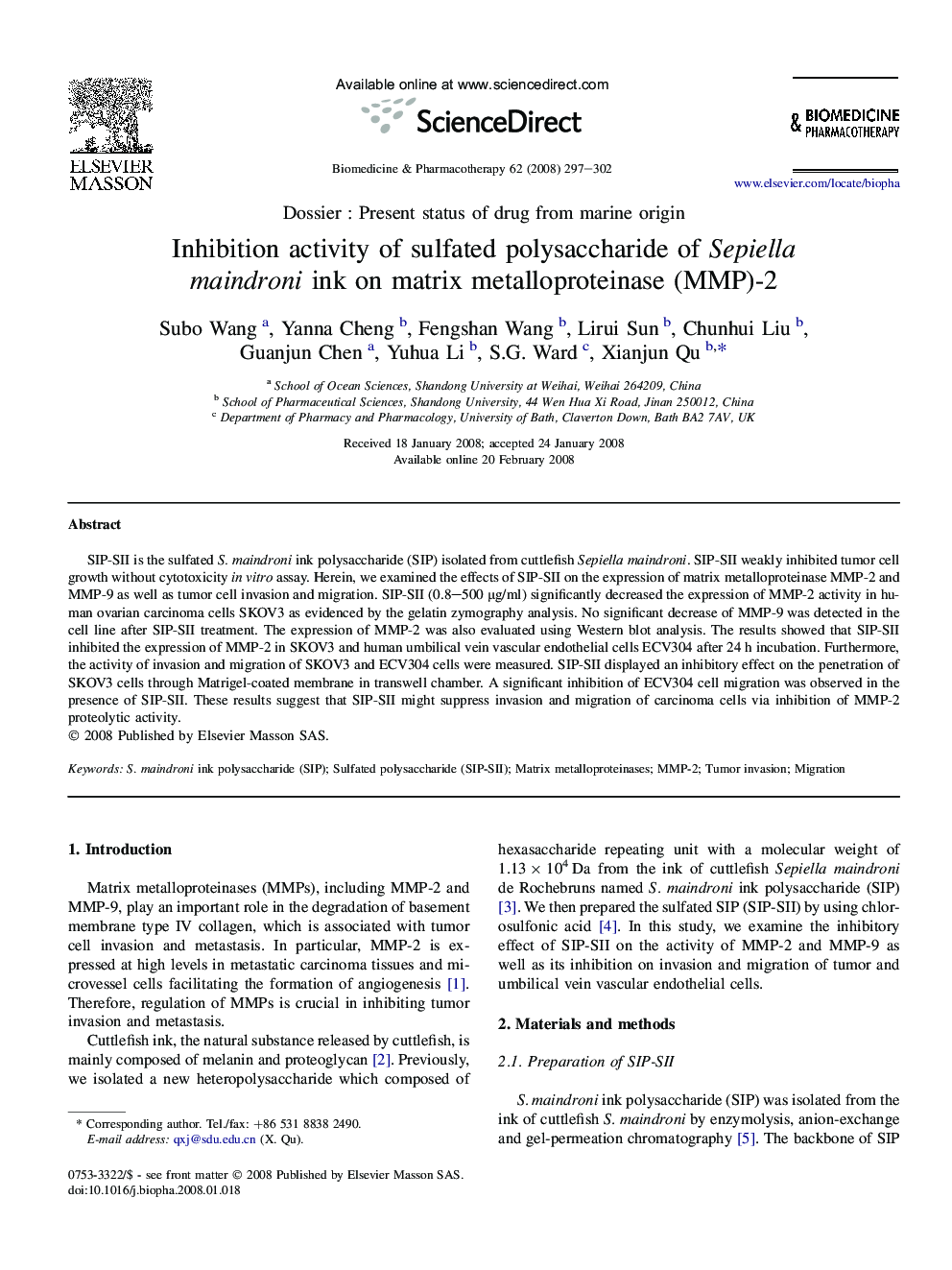 Inhibition activity of sulfated polysaccharide of Sepiella maindroni ink on matrix metalloproteinase (MMP)-2