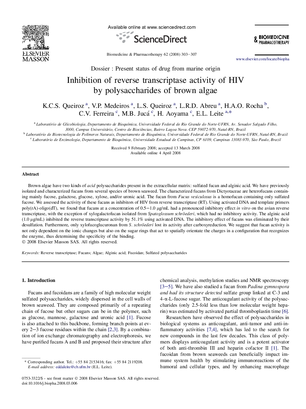 Inhibition of reverse transcriptase activity of HIV by polysaccharides of brown algae