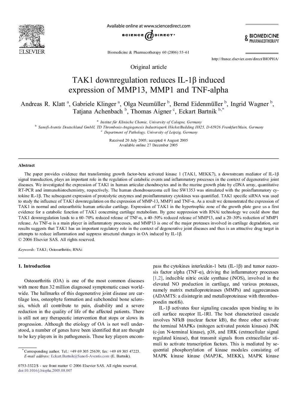 عکس صفحه اول مقاله: TAK1 downregulation reduces IL-1β induced expression of MMP13, MMP1 and TNF-alpha TAK1 downregulation reduces IL-1β induced expression of MMP13, MMP1 and TNF-alpha