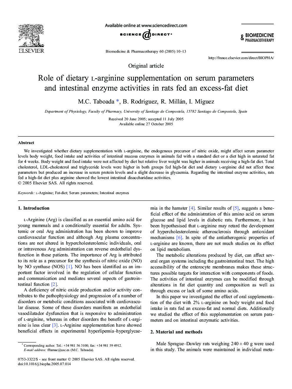 Role of dietary l-arginine supplementation on serum parameters and intestinal enzyme activities in rats fed an excess-fat diet