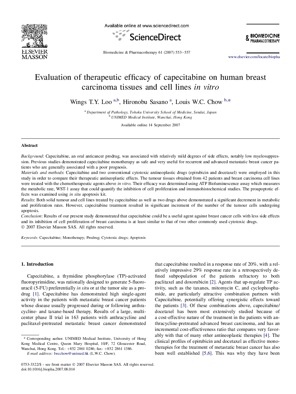 Evaluation of therapeutic efficacy of capecitabine on human breast carcinoma tissues and cell lines in vitro