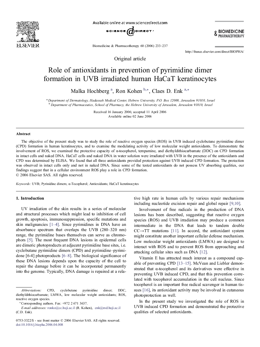 Role of antioxidants in prevention of pyrimidine dimer formation in UVB irradiated human HaCaT keratinocytes