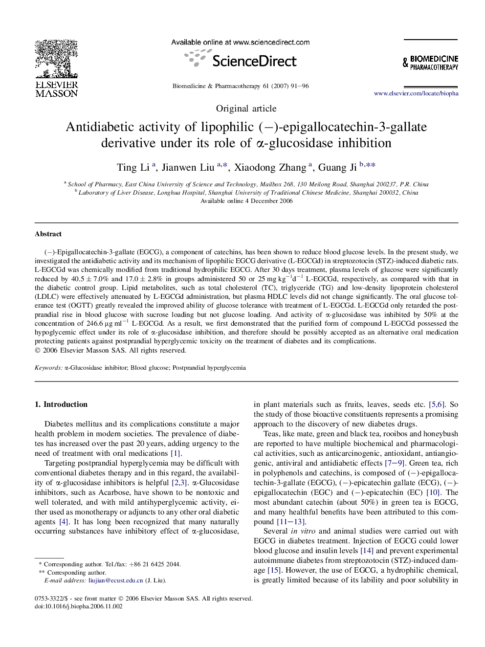 Antidiabetic activity of lipophilic (−)-epigallocatechin-3-gallate derivative under its role of α-glucosidase inhibition