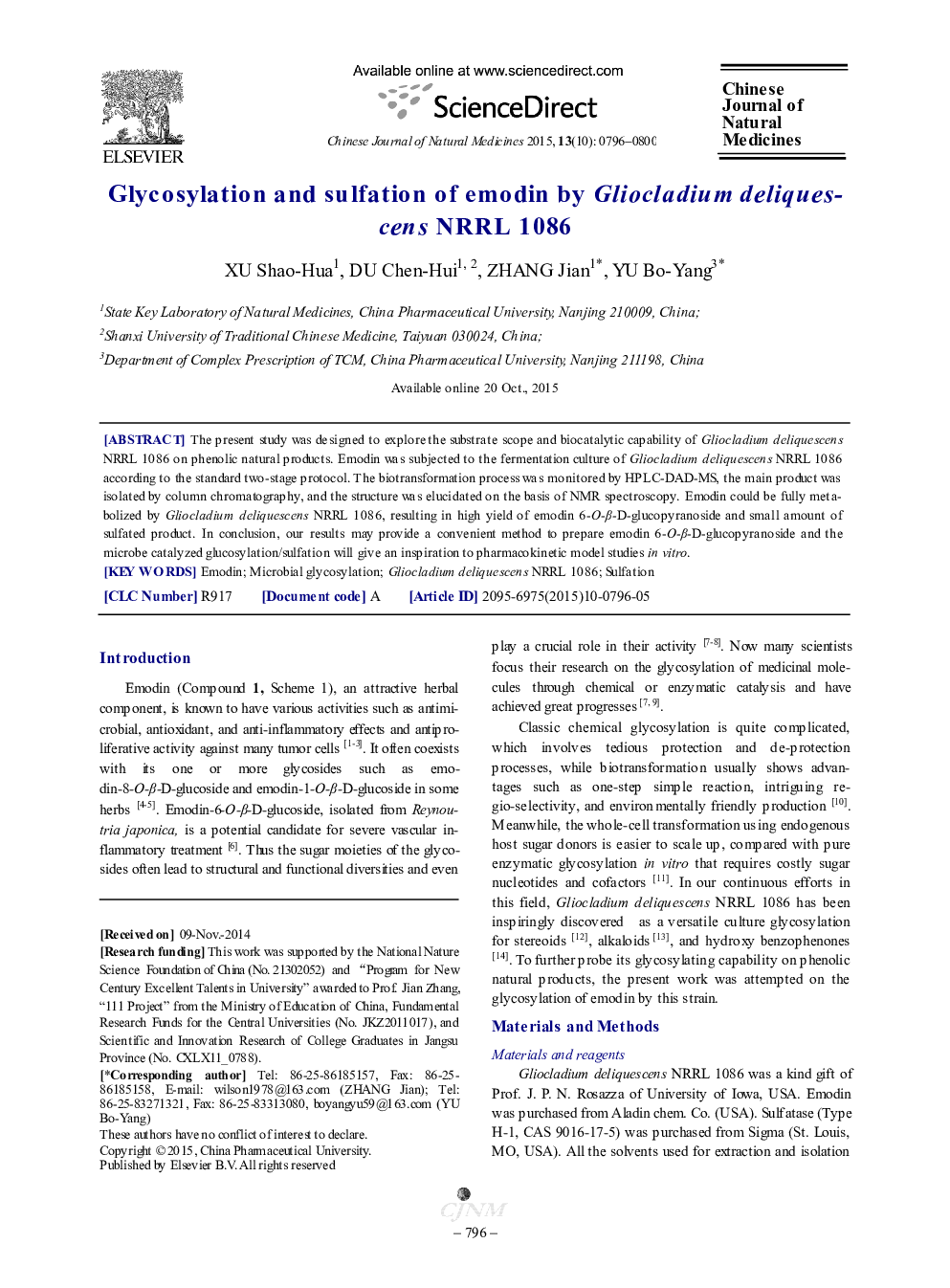 Glycosylation and sulfation of emodin by Gliocladium deliquescens NRRL 1086 