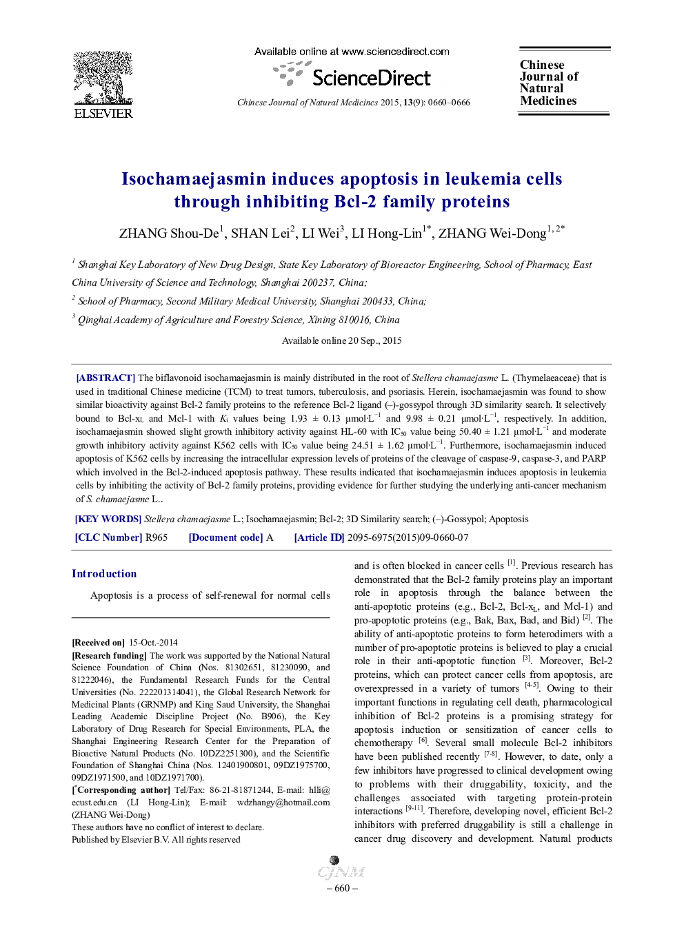 Isochamaejasmin induces apoptosis in leukemia cells through inhibiting Bcl-2 family proteins 