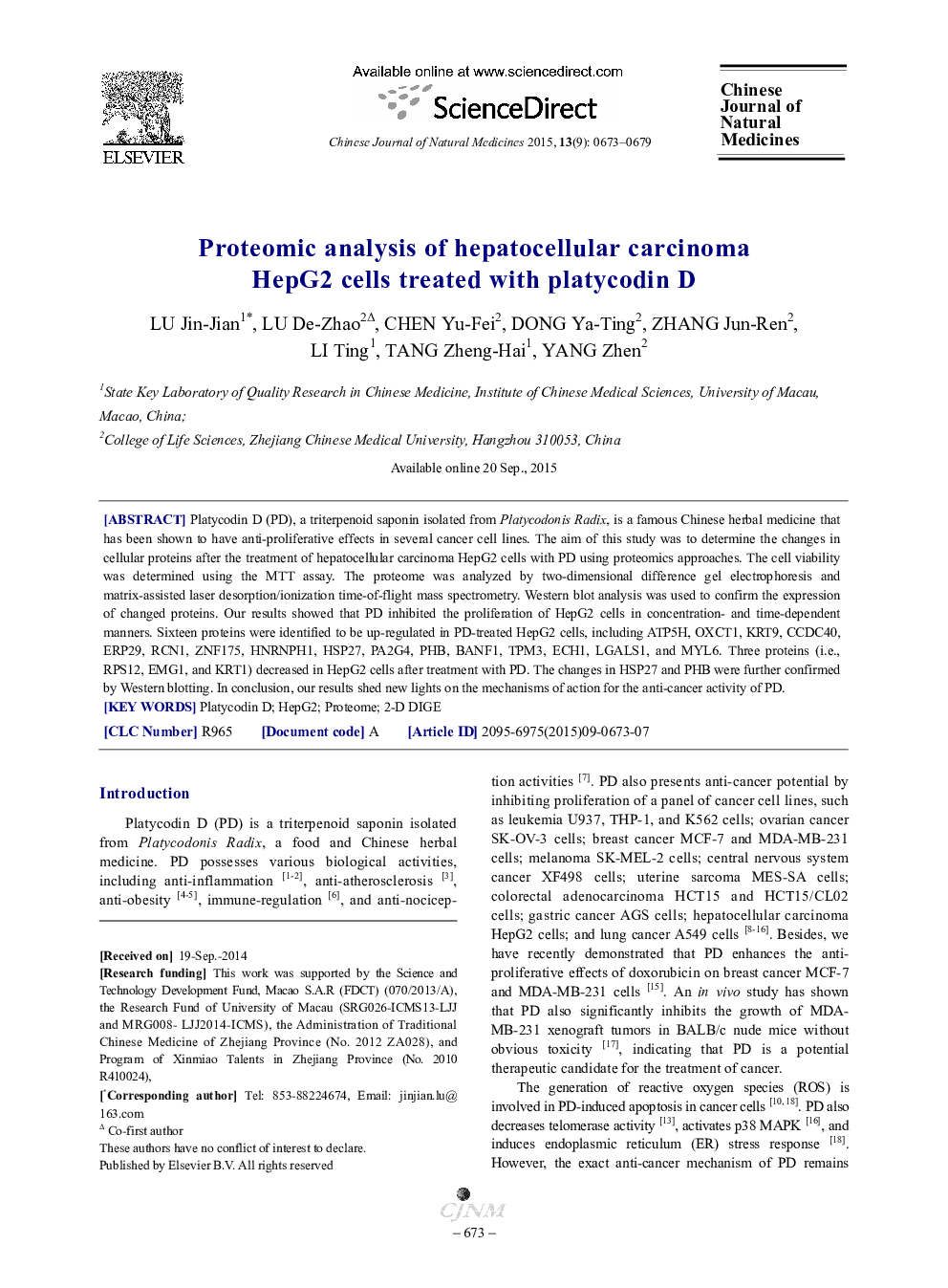 Proteomic analysis of hepatocellular carcinoma HepG2 cells treated with platycodin D 