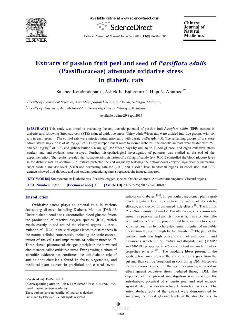 Extracts of passion fruit peel and seed of Passiflora edulis (Passifloraceae) attenuate oxidative stress in diabetic rats 