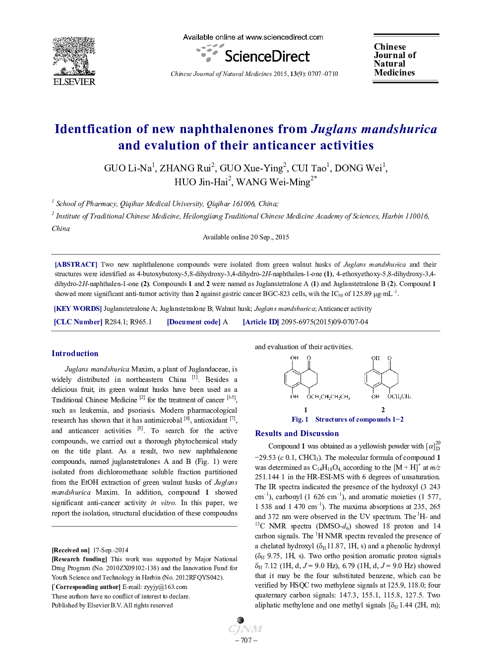 Identfication of new naphthalenones from Juglans mandshurica and evalution of their anticancer activities 