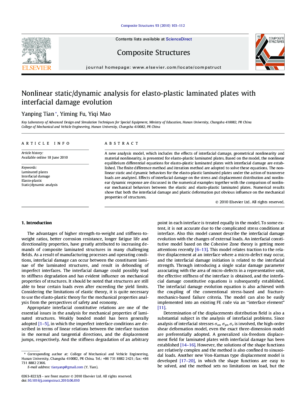 Nonlinear static/dynamic analysis for elasto-plastic laminated plates with interfacial damage evolution