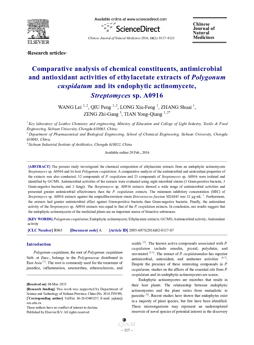 Comparative analysis of chemical constituents, antimicrobial and antioxidant activities of ethylacetate extracts of Polygonum cuspidatum and its endophytic actinomycete, Streptomyces sp. A0916 