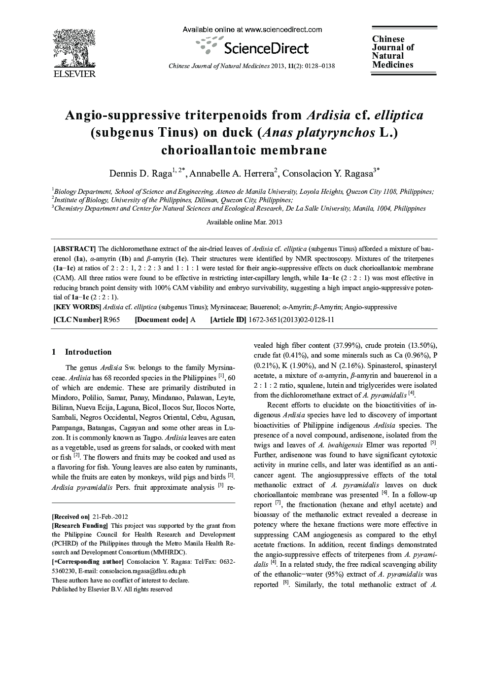 Angio-suppressive triterpenoids from Ardisia cf. elliptica (subgenus Tinus) on duck (Anas platyrynchosL.) chorioallantoic membrane 