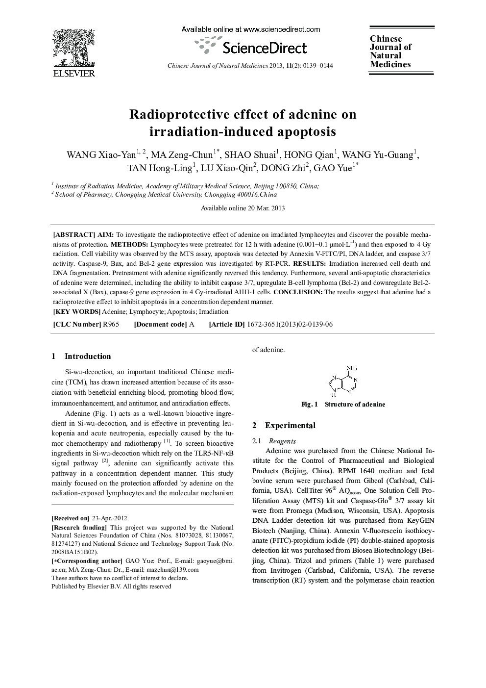 عکس صفحه اول مقاله: Radioprotective effect of adenine on irradiation-induced apoptosis Radioprotective effect of adenine on irradiation-induced apoptosis