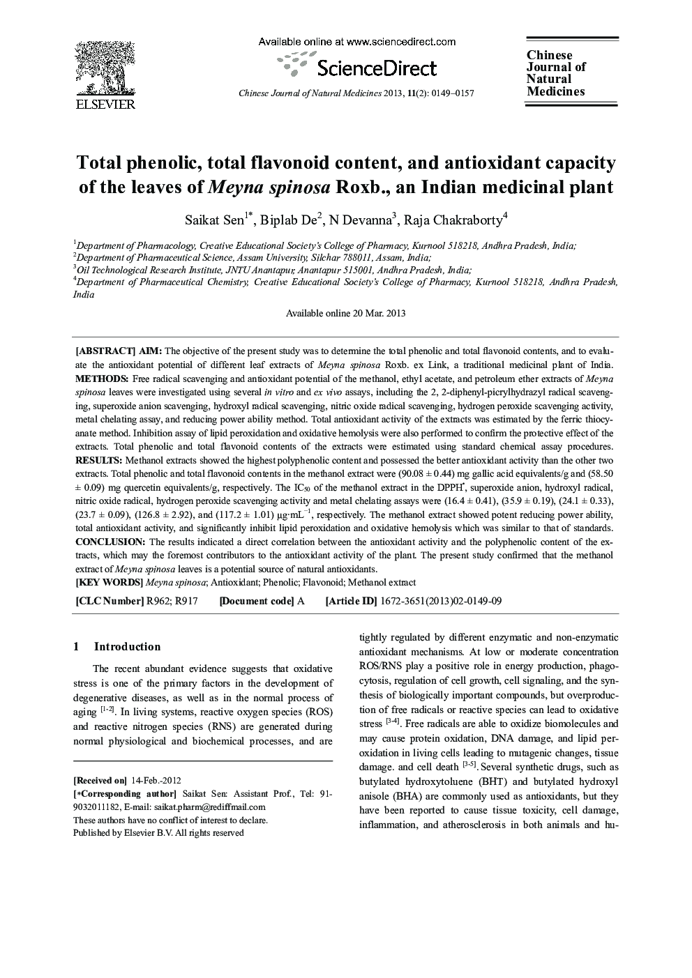 Total phenolic, total flavonoid content, and antioxidant capacity of the leaves of Meyna spinosa Roxb., an Indian medicinal plant 