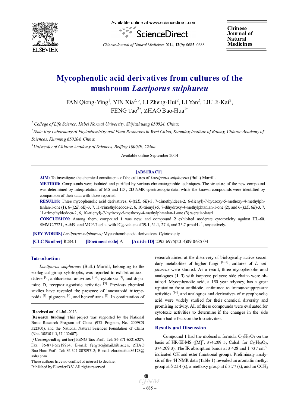 Mycophenolic acid derivatives from cultures of the mushroom Laetiporus sulphureu 