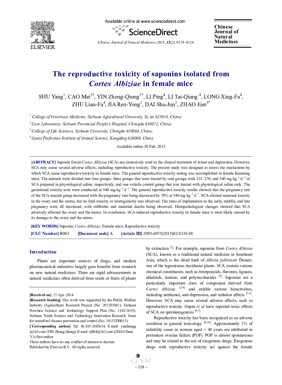 عکس صفحه اول مقاله: The reproductive toxicity of saponins isolated from Cortex Albiziae in female mice The reproductive toxicity of saponins isolated from Cortex Albiziae in female mice