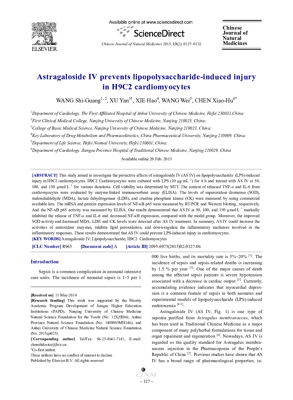 Astragaloside IV prevents lipopolysaccharide-induced injury in H9C2 cardiomyocytes 
