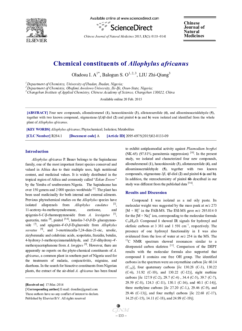 عکس صفحه اول مقاله: Chemical constituents of Allophylus africanus Chemical constituents of Allophylus africanus