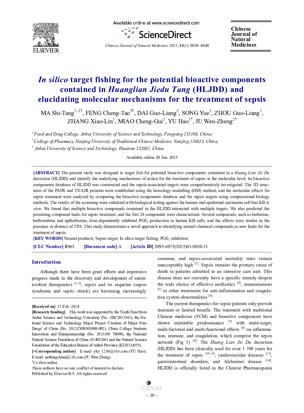 In silico target fishing for the potential bioactive components contained in Huanglian Jiedu Tang (HLJDD) and elucidating molecular mechanisms for the treatment of sepsis 