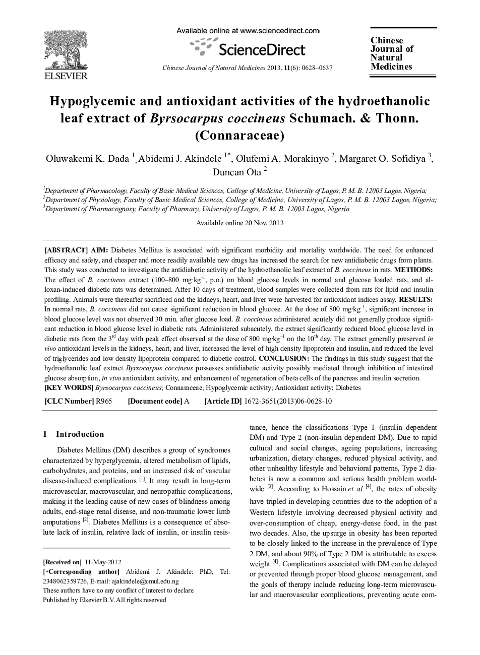 Hypoglycemic and antioxidant activities of the hydroethanolic leaf extract of Byrsocarpus coccineus Schumach. & Thonn. (Connaraceae) 