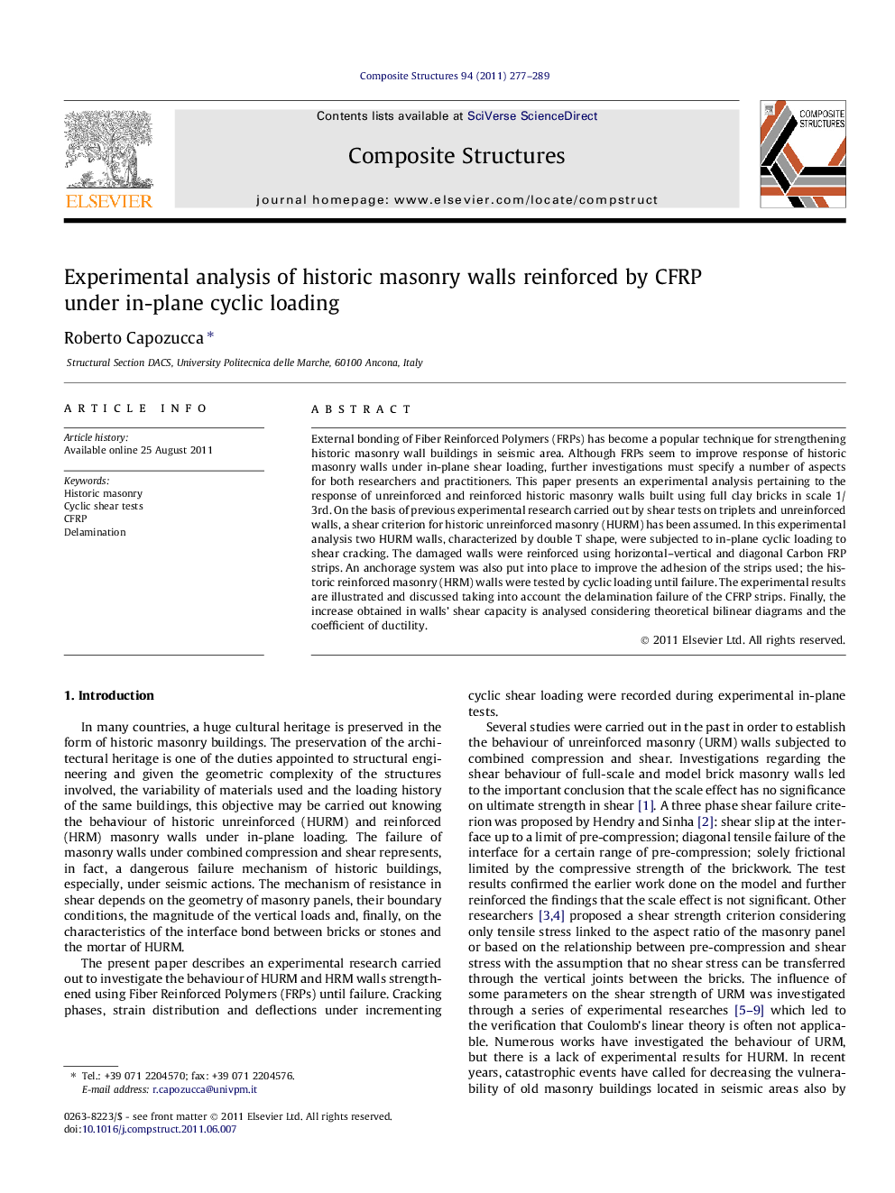 Experimental analysis of historic masonry walls reinforced by CFRP under in-plane cyclic loading