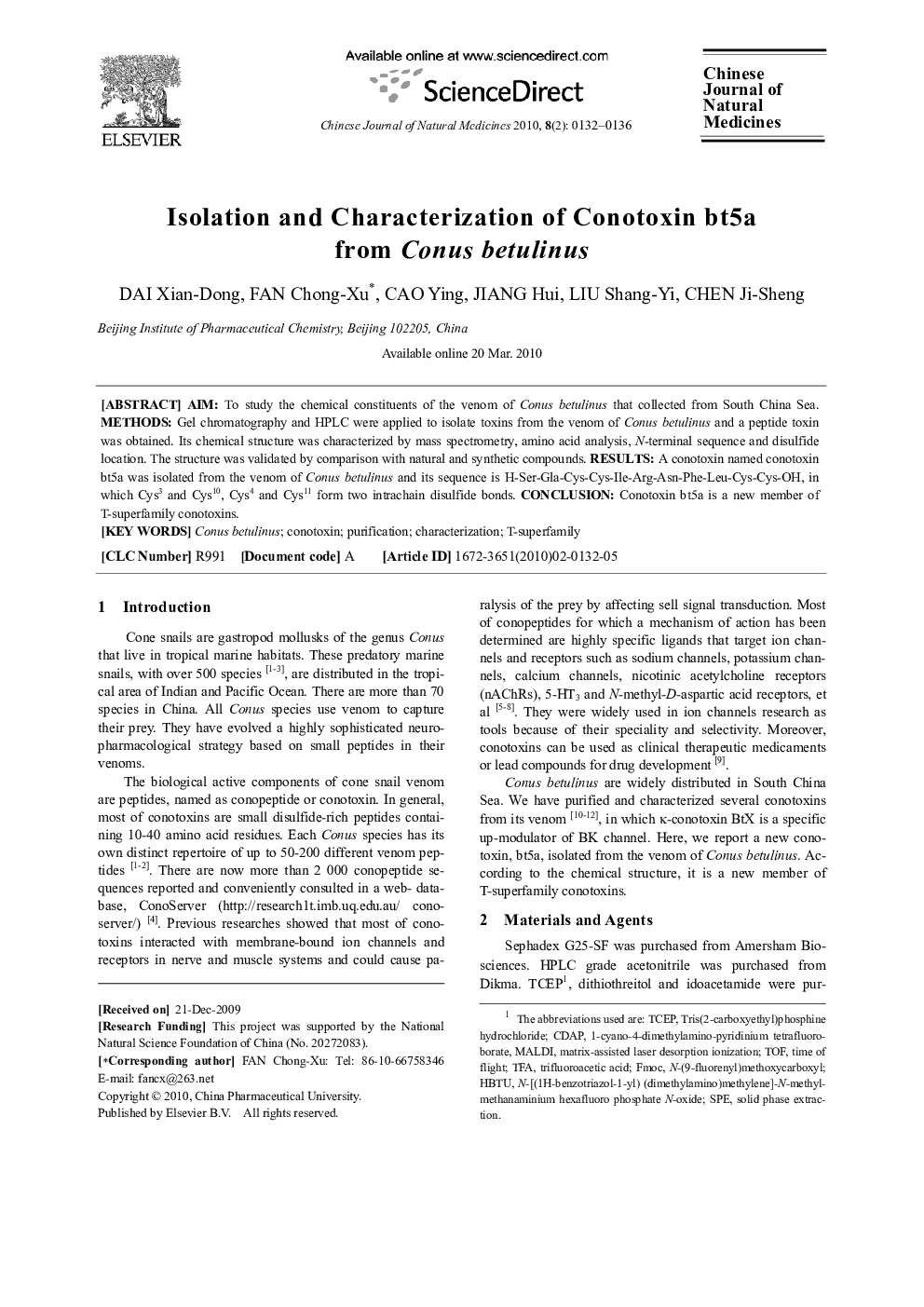 Isolation and Characterization of Conotoxin bt5a from Conus betulinus 