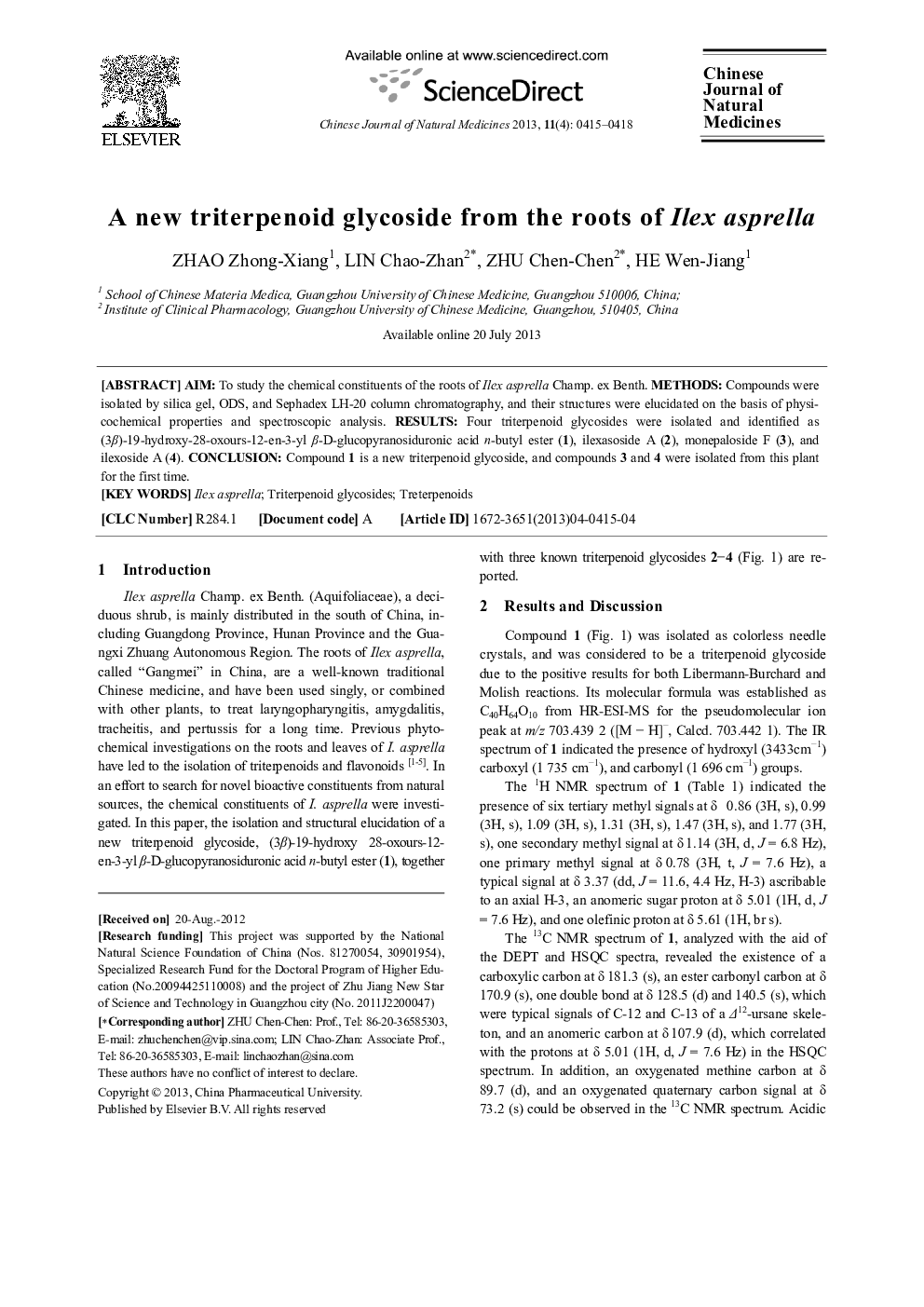 A new triterpenoid glycoside from the roots of Ilex asprella 