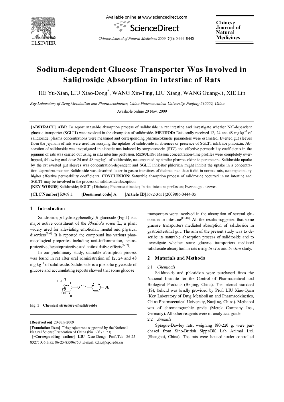 Sodium-dependent Glucose Transporter Was Involved in Salidroside Absorption in Intestine of Rats 