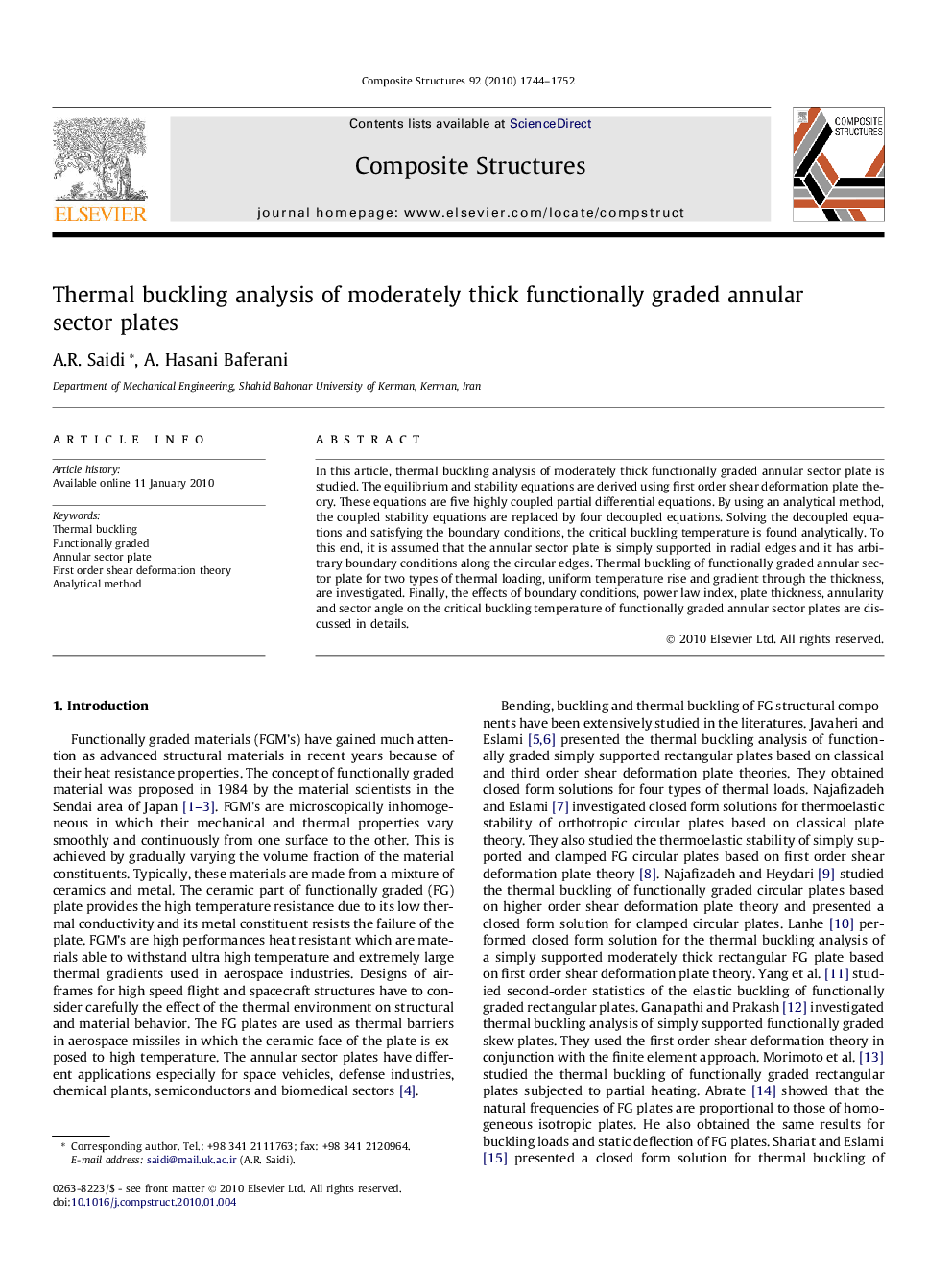 عکس صفحه اول مقاله: Thermal buckling analysis of moderately thick functionally graded annular sector plates Thermal buckling analysis of moderately thick functionally graded annular sector plates