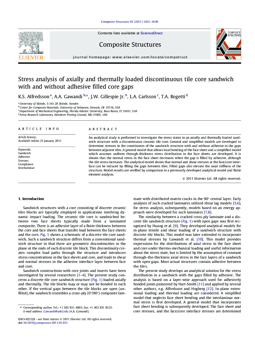 Stress analysis of axially and thermally loaded discontinuous tile core sandwich with and without adhesive filled core gaps