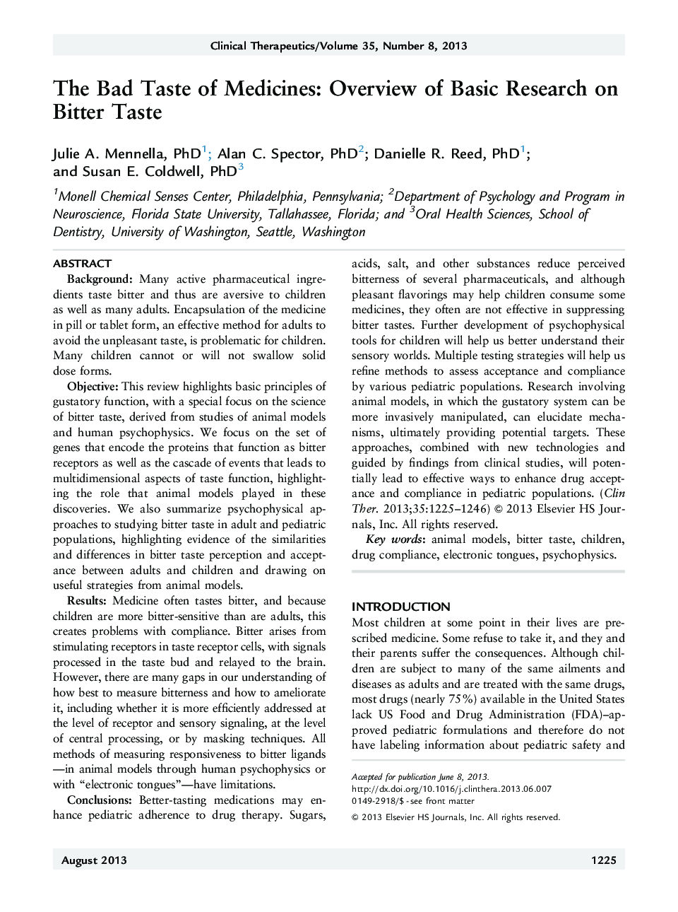 The Bad Taste of Medicines: Overview of Basic Research on Bitter Taste