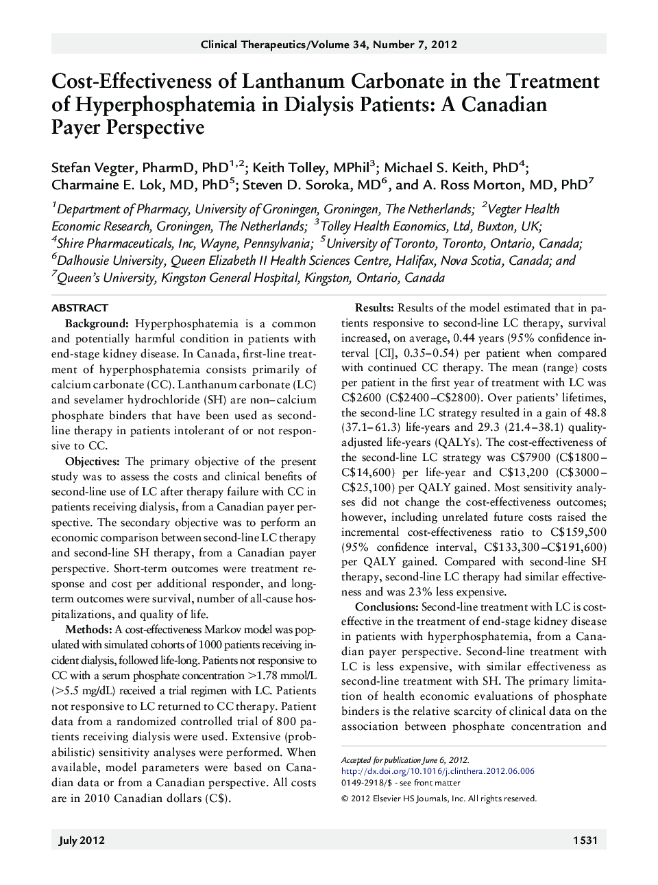 Cost-Effectiveness of Lanthanum Carbonate in the Treatment of Hyperphosphatemia in Dialysis Patients: A Canadian Payer Perspective