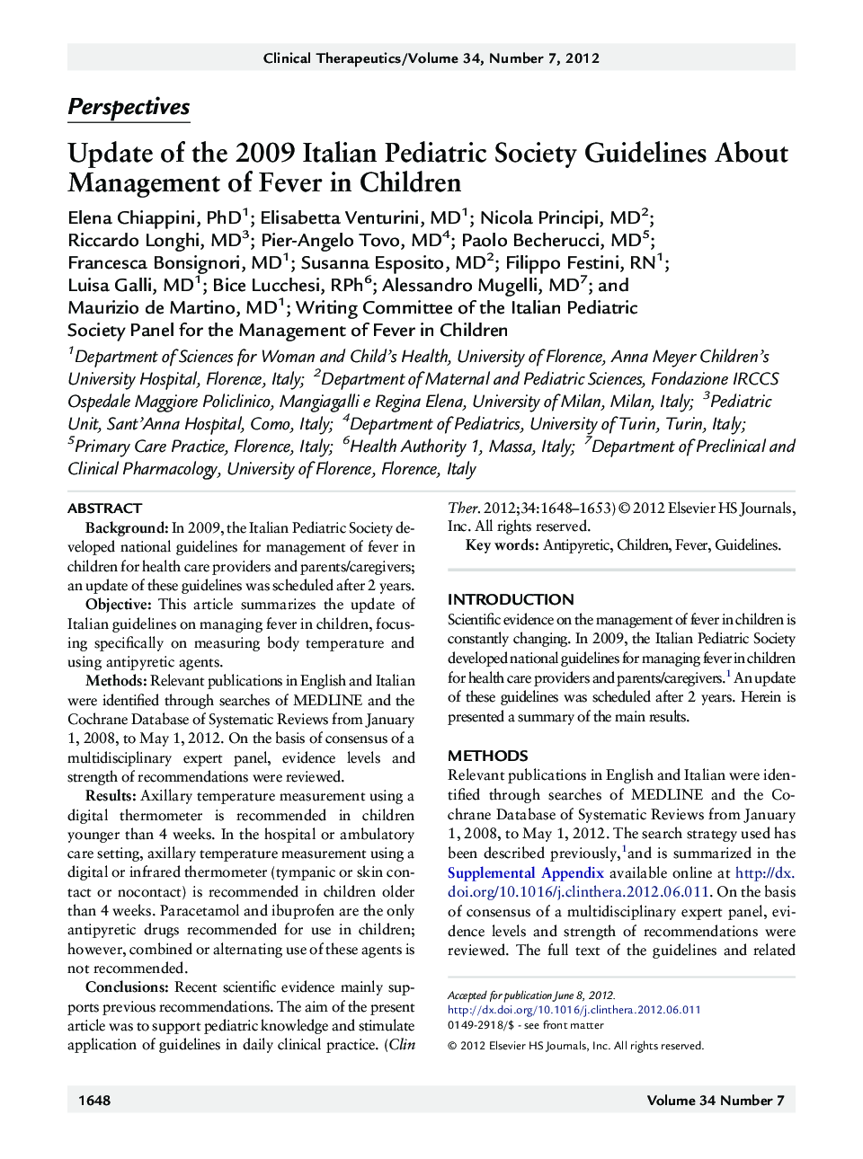 Update of the 2009 Italian Pediatric Society Guidelines About Management of Fever in Children