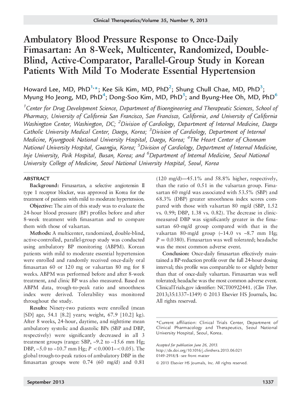 Ambulatory Blood Pressure Response to Once-Daily Fimasartan: An 8-Week, Multicenter, Randomized, Double-Blind, Active-Comparator, Parallel-Group Study in Korean Patients With Mild To Moderate Essential Hypertension