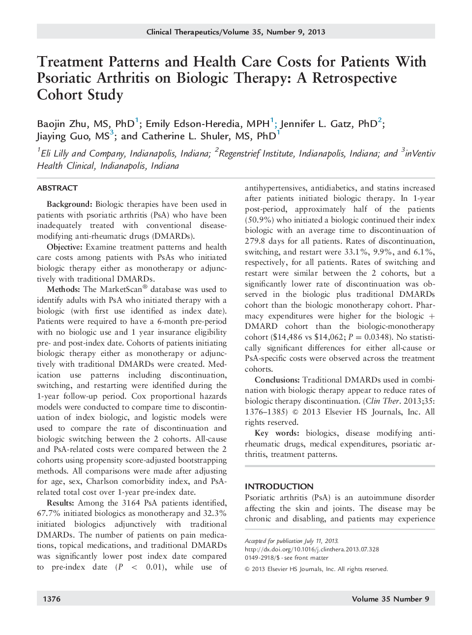 Treatment Patterns and Health Care Costs for Patients With Psoriatic Arthritis on Biologic Therapy: A Retrospective Cohort Study