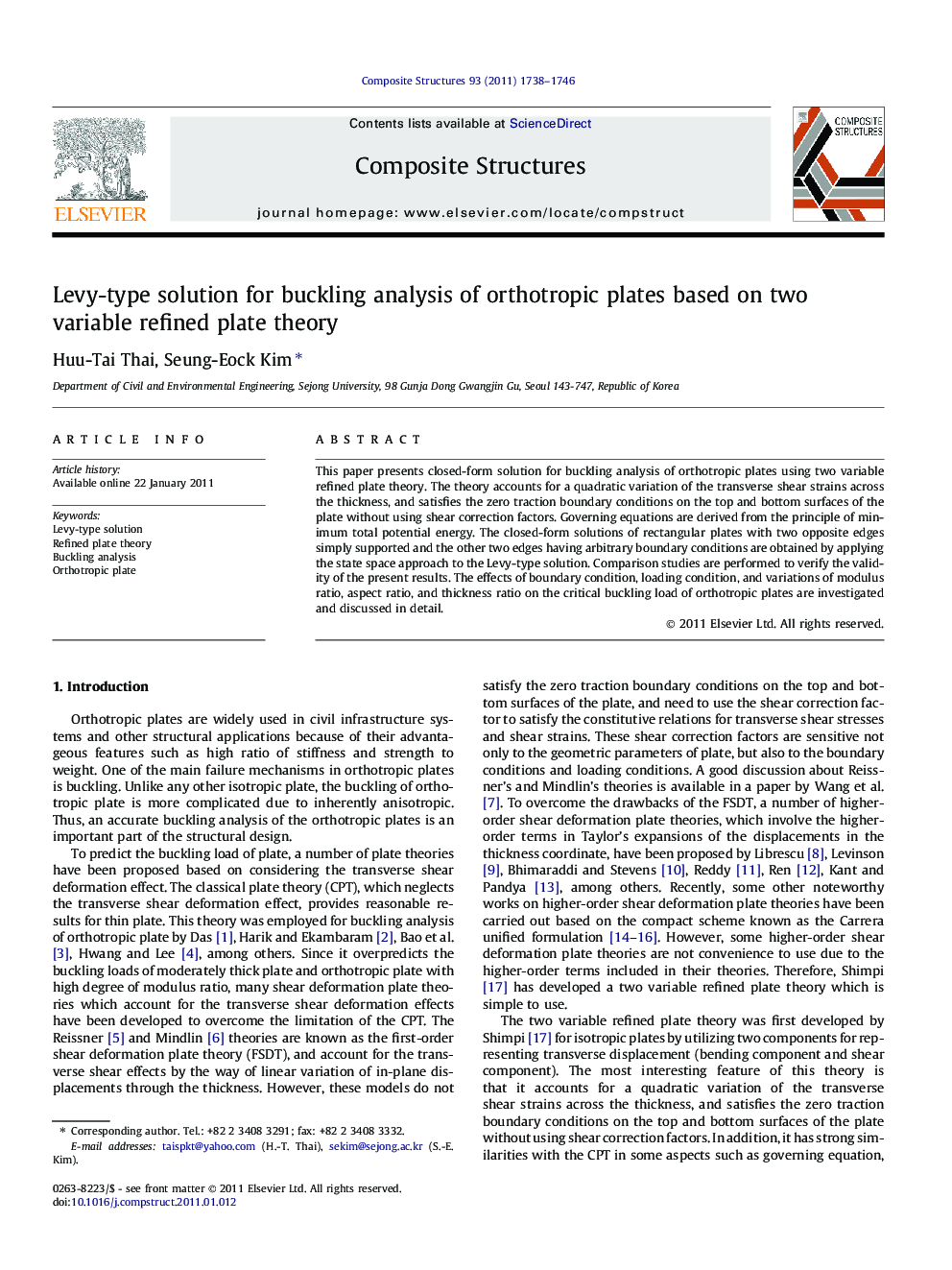 Levy-type solution for buckling analysis of orthotropic plates based on two variable refined plate theory