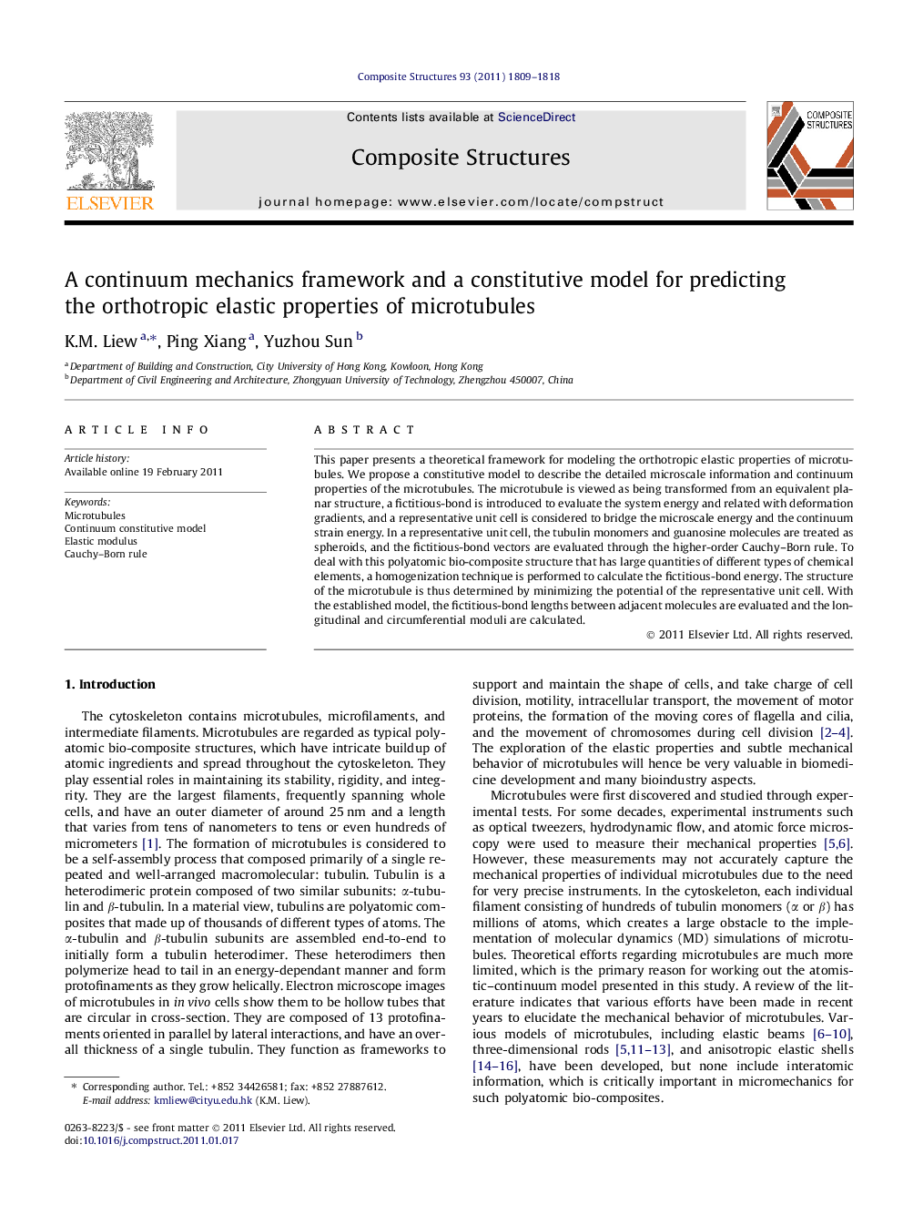 A continuum mechanics framework and a constitutive model for predicting the orthotropic elastic properties of microtubules