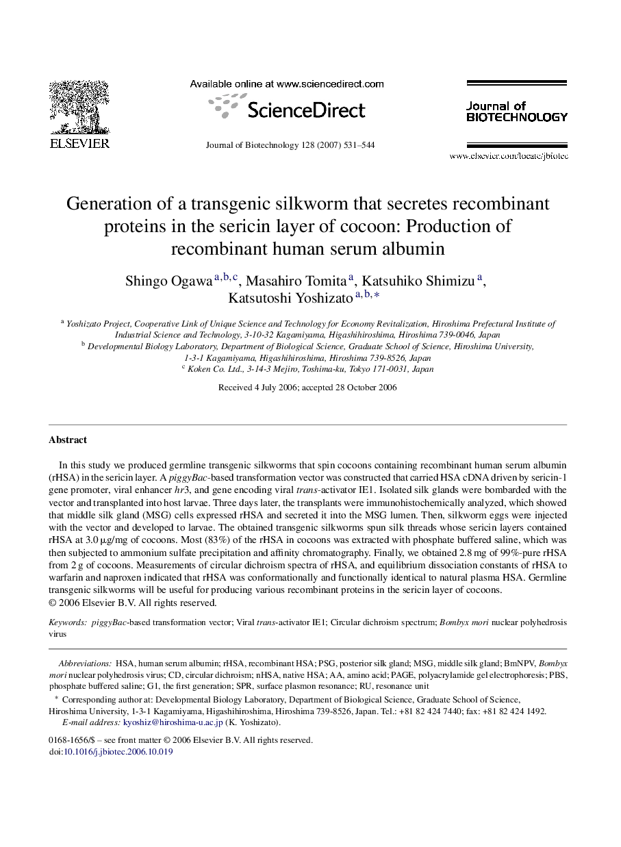 Generation of a transgenic silkworm that secretes recombinant proteins in the sericin layer of cocoon: Production of recombinant human serum albumin