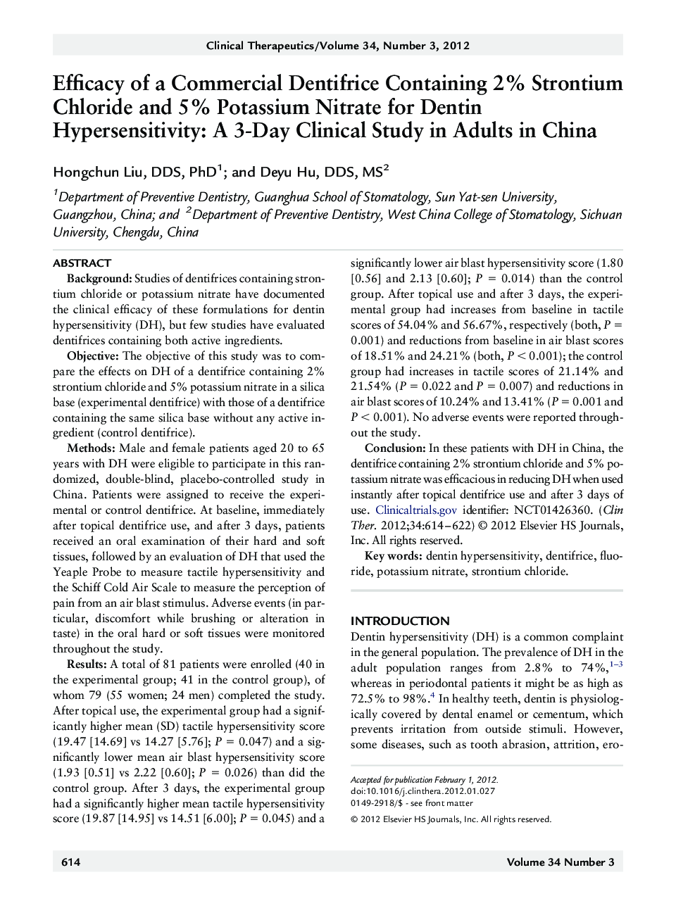 Efficacy of a Commercial Dentifrice Containing 2% Strontium Chloride and 5% Potassium Nitrate for Dentin Hypersensitivity: A 3-Day Clinical Study in Adults in China