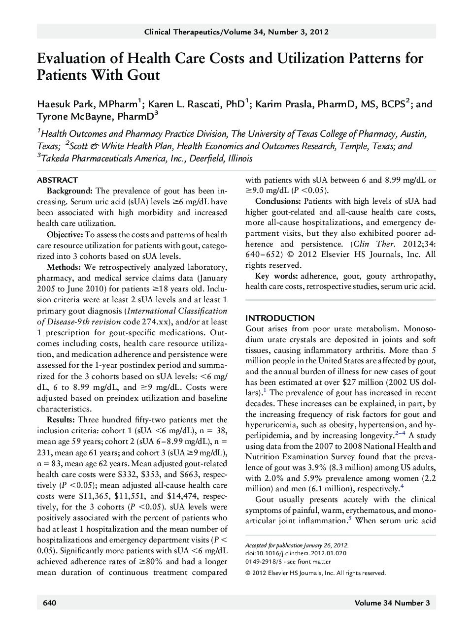 Evaluation of Health Care Costs and Utilization Patterns for Patients With Gout