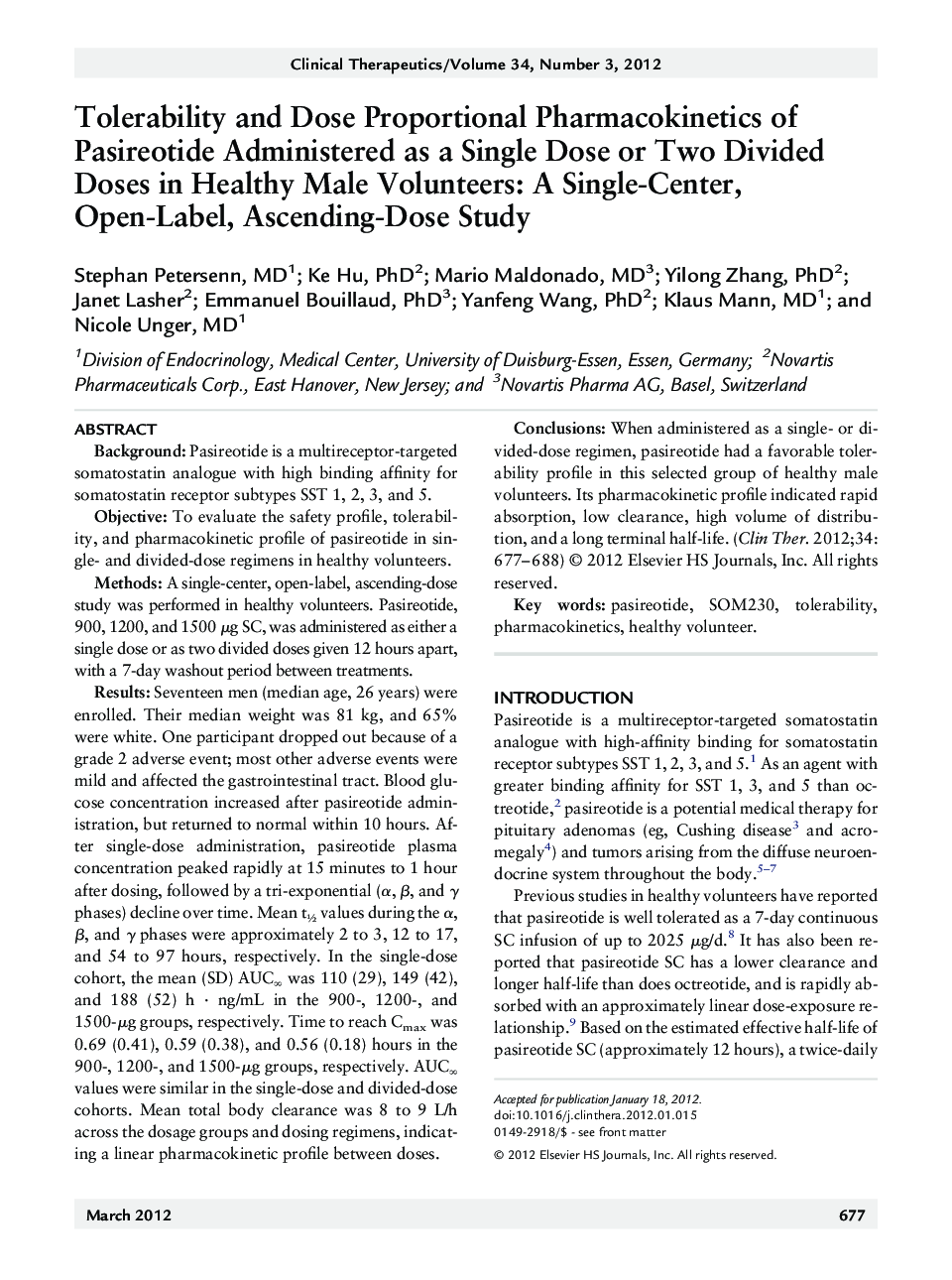 Tolerability and Dose Proportional Pharmacokinetics of Pasireotide Administered as a Single Dose or Two Divided Doses in Healthy Male Volunteers: A Single-Center, Open-Label, Ascending-Dose Study
