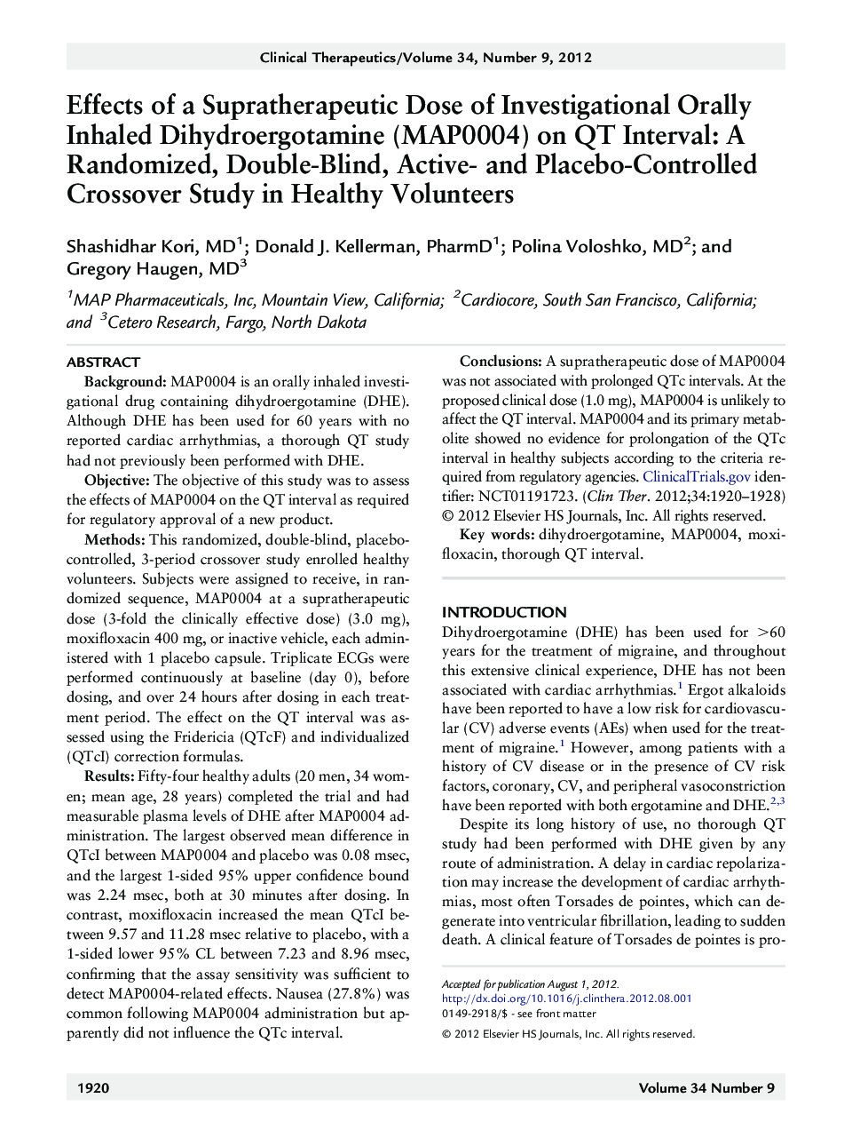 Effects of a Supratherapeutic Dose of Investigational Orally Inhaled Dihydroergotamine (MAP0004) on QT Interval: A Randomized, Double-Blind, Active- and Placebo-Controlled Crossover Study in Healthy Volunteers