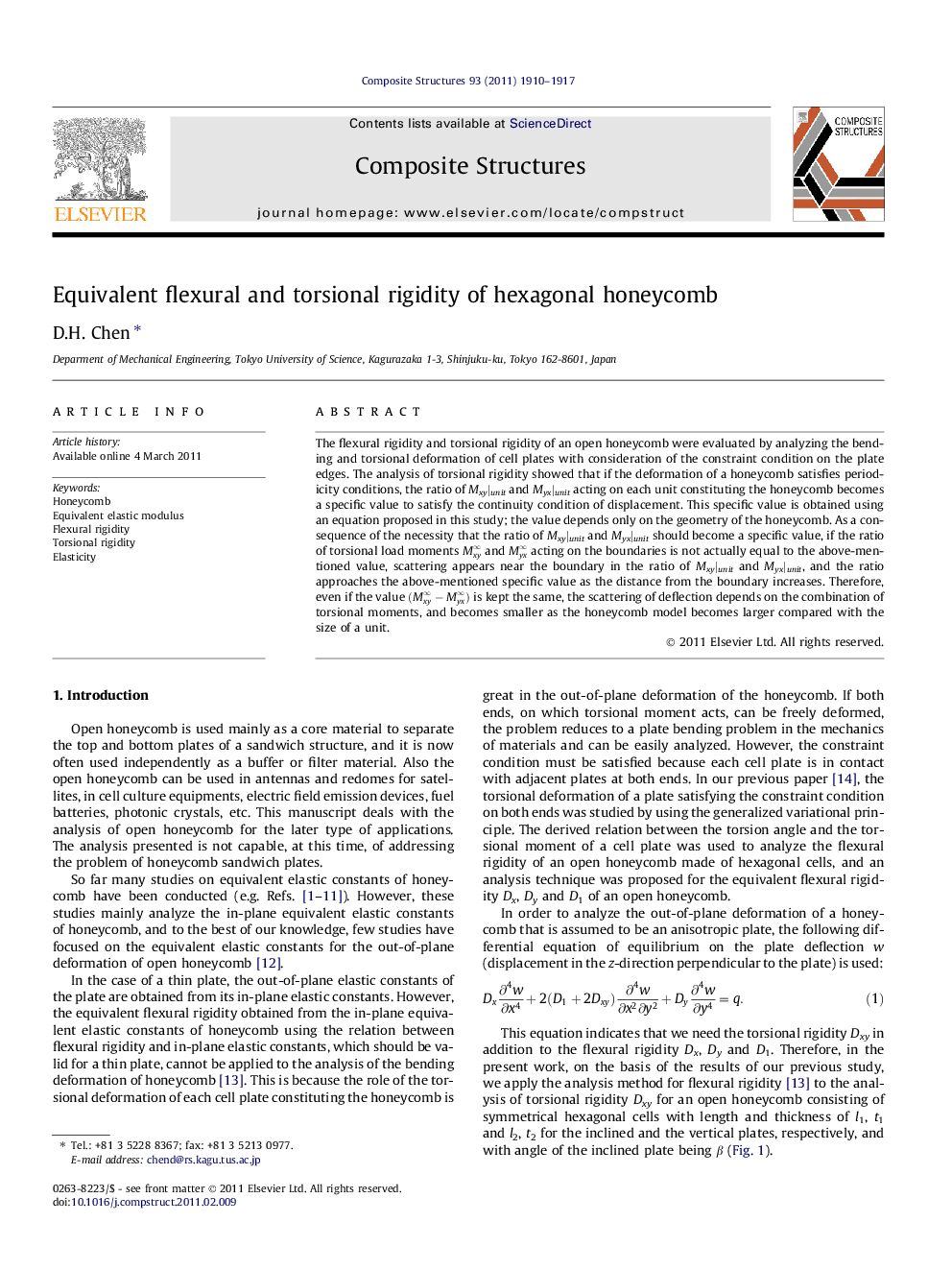 Equivalent flexural and torsional rigidity of hexagonal honeycomb