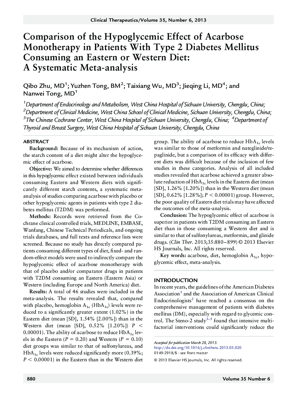 Comparison of the Hypoglycemic Effect of Acarbose Monotherapy in Patients With Type 2 Diabetes Mellitus Consuming an Eastern or Western Diet: A Systematic Meta-analysis