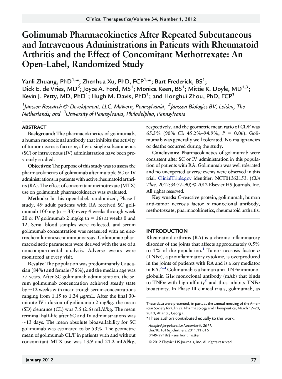 Golimumab Pharmacokinetics After Repeated Subcutaneous and Intravenous Administrations in Patients with Rheumatoid Arthritis and the Effect of Concomitant Methotrexate: An Open-Label, Randomized Study