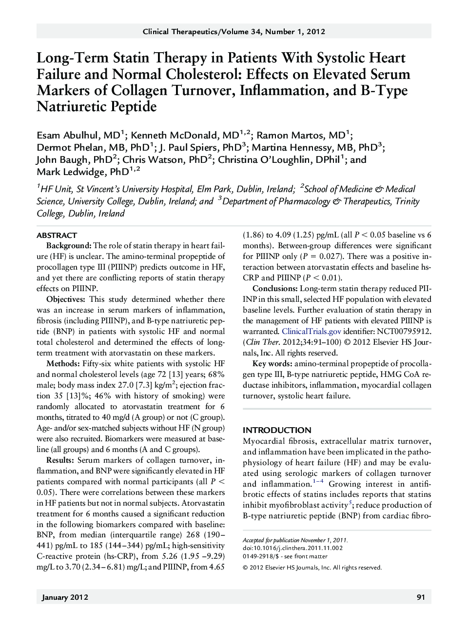 Long-Term Statin Therapy in Patients With Systolic Heart Failure and Normal Cholesterol: Effects on Elevated Serum Markers of Collagen Turnover, Inflammation, and B-Type Natriuretic Peptide