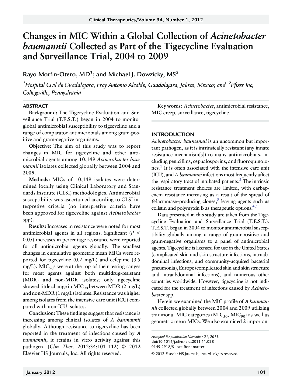 Changes in MIC Within a Global Collection of Acinetobacter baumannii Collected as Part of the Tigecycline Evaluation and Surveillance Trial, 2004 to 2009