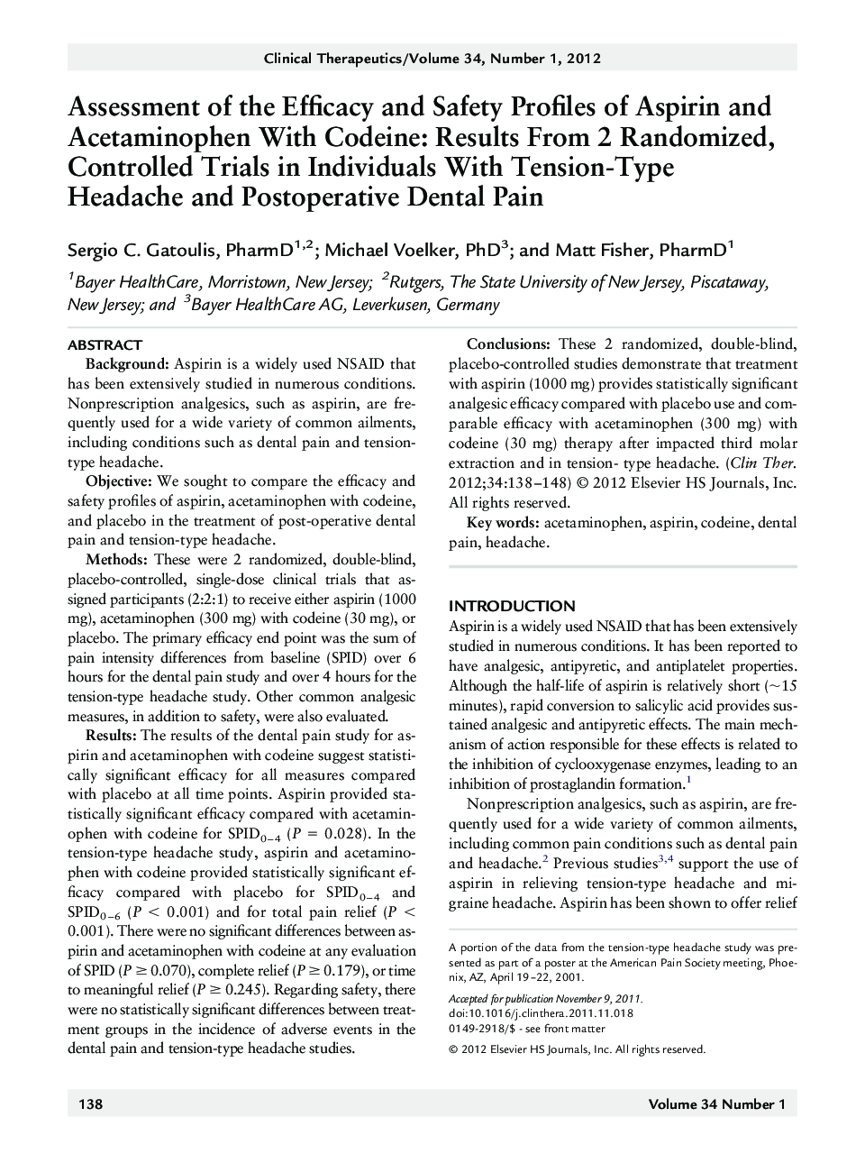 Assessment of the Efficacy and Safety Profiles of Aspirin and Acetaminophen With Codeine: Results From 2 Randomized, Controlled Trials in Individuals With Tension-Type Headache and Postoperative Dental Pain 