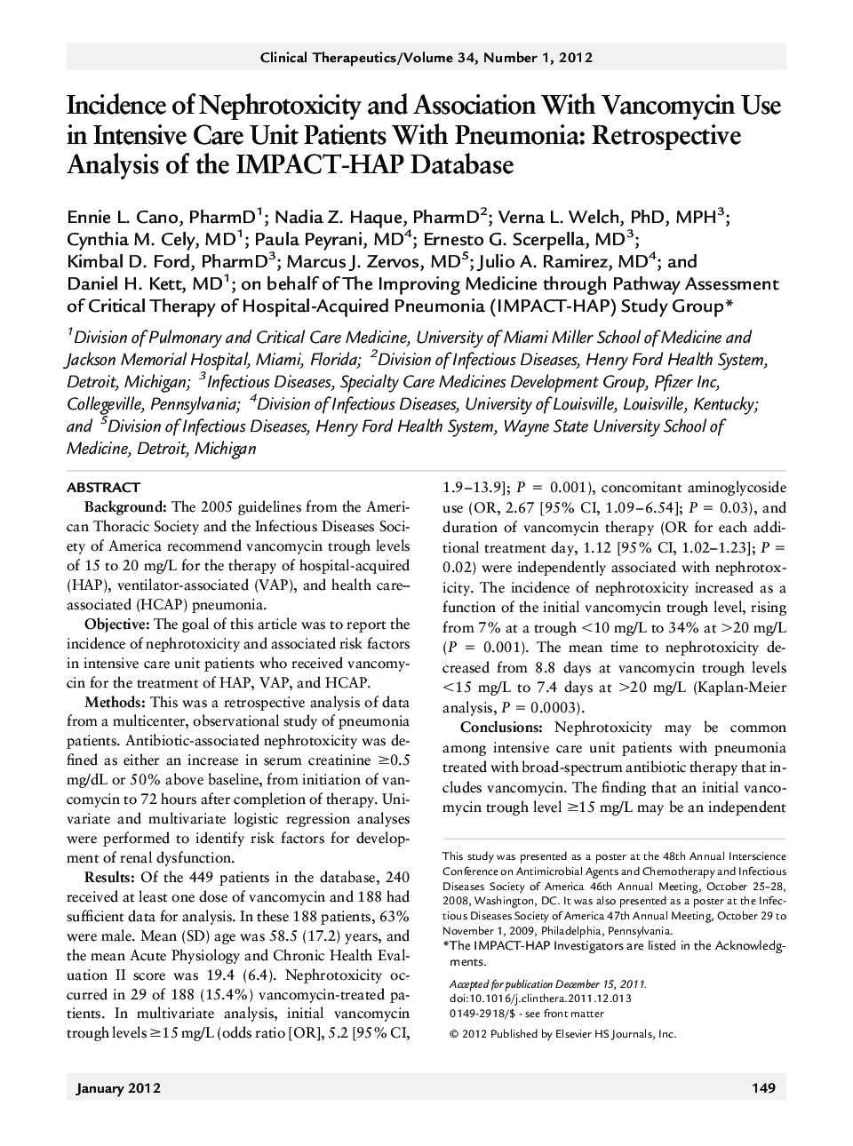 Incidence of Nephrotoxicity and Association With Vancomycin Use in Intensive Care Unit Patients With Pneumonia: Retrospective Analysis of the IMPACT-HAP Database