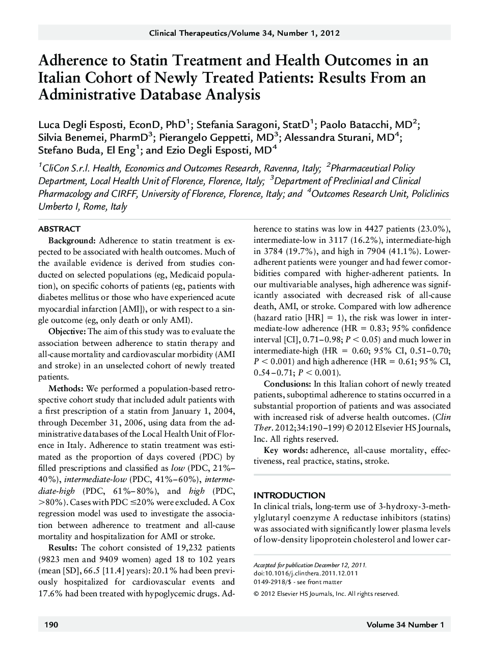 Adherence to Statin Treatment and Health Outcomes in an Italian Cohort of Newly Treated Patients: Results From an Administrative Database Analysis